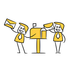 businessman sending mails to mail box yellow stick figure