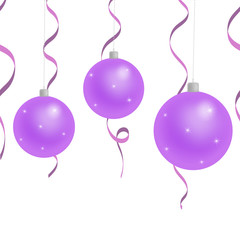 Fototapeta premium Seamless horizontal christmas pattern with festive hanging balls and ribbon, serpentine. Realistic vector element with colorful new year decoration on white background.