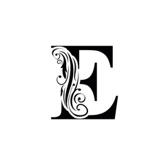 letter E. Black flower alphabet.  Beautiful capital letters.