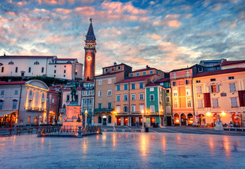 Spectacular evening view of Tartini Square in old town Piran. Splendid spring sunset in Slovenia,...
