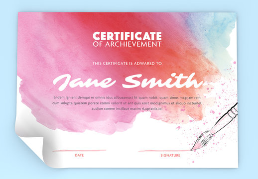 Achievement Certificate Layout with Watercolor Elements