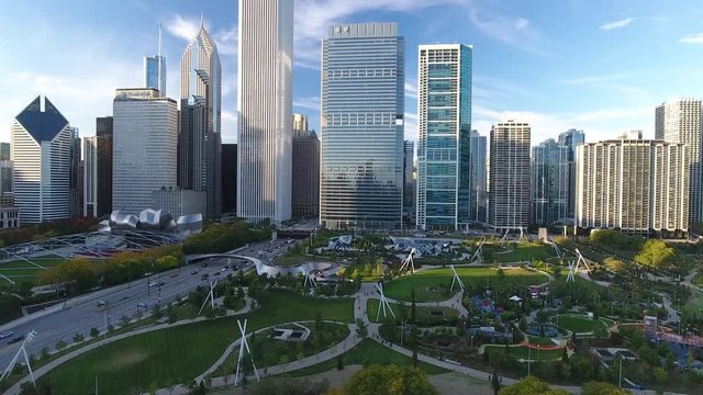 Aerial Drone Video of Chicago Skyline above Millennium Park