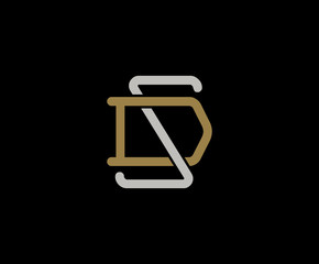 Initial letter D and S, SD, DS, overlapping interlock logo, monogram line art vintage style on black background