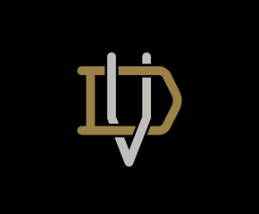 Initial letter D and V, VD, DV, overlapping interlock logo, monogram line art vintage style on black background
