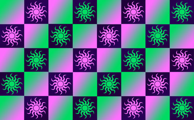 Checkerboard sun design. Gradient combination colour (green & pink). Background colour is purple.
