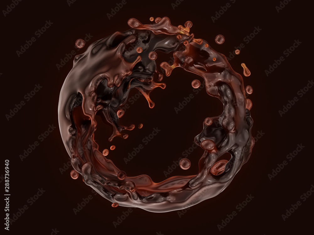 Wall mural melted liquid milk chocolate or chocolate sauce swirl 3d splashes isolated on dark background. hot m