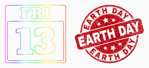 Pixelated rainbow gradiented 13 friday calendar page mosaic pictogram and Earth Day watermark. Red vector round scratched watermark with Earth Day text. Vector collage in flat style.