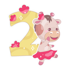 Cute two number with baby giraffe cartoon illustration. School math funny font symbol and kawaii animal character. Kids scrapbook sticker. Children 2 years old birthday and anniversary number clipart