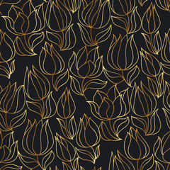 Gold and black tulip elegant seamless pattern