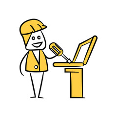 engineer fixing computer yellow stick figure theme
