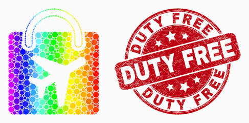 Dotted bright spectral airport shopping bag mosaic pictogram and Duty Free seal stamp. Red vector rounded grunge seal with Duty Free caption. Vector composition in flat style.