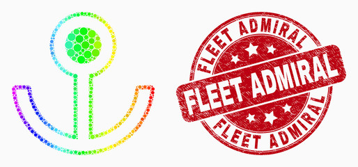 Pixel spectral anchor mosaic icon and Fleet Admiral seal stamp. Red vector rounded grunge stamp with Fleet Admiral title. Vector combination in flat style.