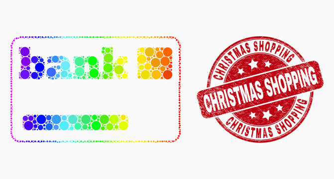 Pixelated spectral bank card mosaic pictogram and Christmas Shopping seal. Red vector rounded scratched seal with Christmas Shopping text. Vector composition in flat style.