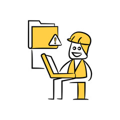 engineer working on laptop and file error yellow stick figure theme