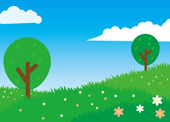 Nature landscape cartoon illustration green grass, flower, trees and blue sky suitable for kids background