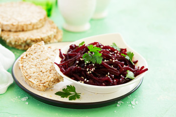 Vegetarian beetroot salad. selective focus.