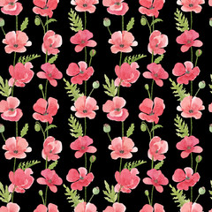 Watercolor hand drawn seamless pattern with red poppies flowers and leaves isolated on black background