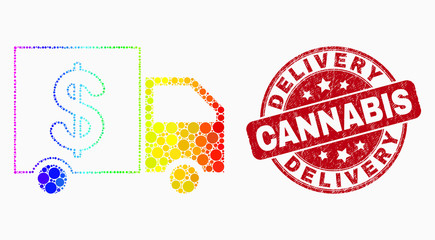 Pixel bright spectral banking delivery mosaic icon and Delivery Cannabis seal stamp. Red vector rounded distress seal stamp with Delivery Cannabis phrase. Vector collage in flat style.