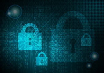 Digital lock guard binary code sign. Abstract security technology on a global network background, cyber security.