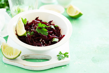Vegetarian beetroot salad. selective focus.