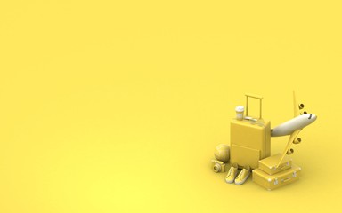 Fototapeta premium Traveling 3d rendering background. Trip concept. Tourist luggage. Traveler bag. Modern pastel color. Plain fly. Vocation. Summer holiday. Voyage. Adventure.