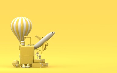 Traveling 3d rendering background. Trip concept. Tourist luggage. Traveler bag. Modern pastel color. Plain fly. Vocation. Summer holiday. Voyage. Adventure.