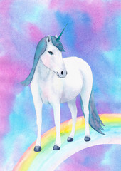 Obraz na płótnie Canvas Watercolor hand drawn illustration with white unicorn on rainbow on abstract colorful background