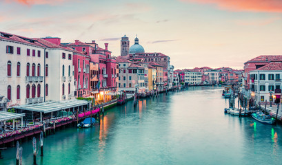 Obraz na płótnie Canvas Captivating spring sunrise in Venice with San Geremia church on background. Colorful evening scene of Venice, Italy, Europe. Magnificent Mediterranean landscape. Traveling concept background.