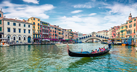 Romantic spring scene of famous Canal Grande. Colorful morning panorama with Rialto Bridge. Picturesque cityscape of  Venice, Italy, Europe. Traveling concept background. - obrazy, fototapety, plakaty