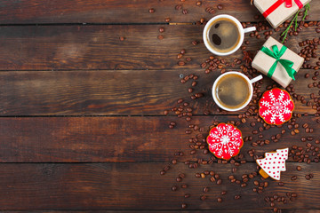 gingerbread, coffee and coffee beans (festive atmosphere christmas) happy new year. top food background. copy space