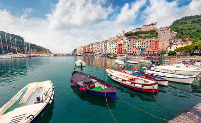 Picturesque morning view of Portovenere town. Stunning spring seascape of Mediterranean sea,  Liguria, province of La Spezia, Italy, Europe. Traveling concept background.