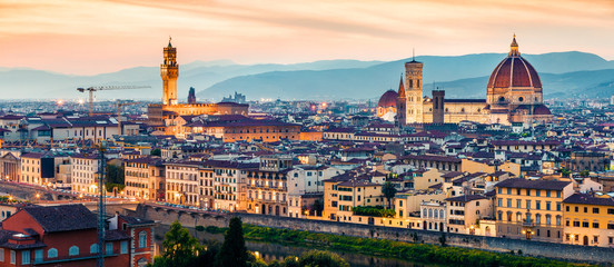Illuminated spring cityscape of Florence with Cathedral of Santa Maria del Fiore (Duomo). Impressive morning scene of Tuscany, Italy, Europe. Traveling concept background. Orton Effect.