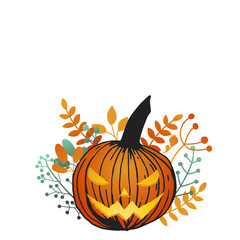 Vector Halloween card design, hand drawn floral elements, carved pumpkin lit lantern on white background.