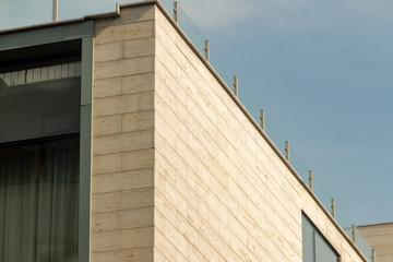 Close-up view of a facade of modern office building in Moscow. 