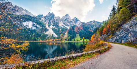 Wonderful autumn scene of Vorderer ( Gosausee ) lake. Attractive morning view of Austrian Alps, Upper Austria, Europe. Traveling concept background. Orton Effect.
