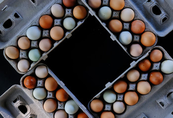 Earthy tones of chicken eggs in carton, copy space for farm harvest or grocery concept.