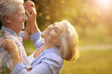Portrait of happy senior couple dancing in summer park