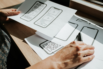 UX mobile application wireframe. Sketch, prototype, framework, layout future app design project. UI/UX - user interface and user experience designer. Creative concept for smartphone. App development