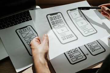 UX mobile application wireframe. Sketch, prototype, framework, layout future app design project. UI/UX - user interface and user experience designer. Creative concept for smartphone. App development