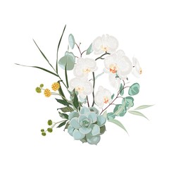 Floral bouquet design element, exotic white orchid  flower, Eucalyptus branch greenery leaves. Wedding invite card. Designer element set. White background.