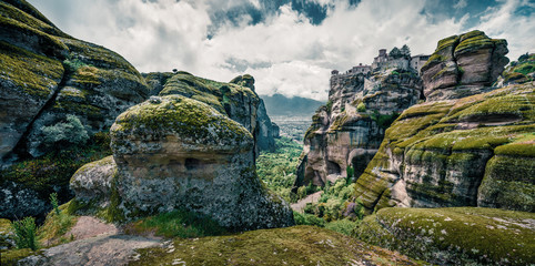 Green spring panorama of the Meteora, UNESCO World Heritage site. Collorful morning view of Eastern...
