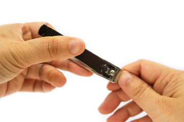 Woman cutting nails on white background. Healthcare, cleaning lifestyle.