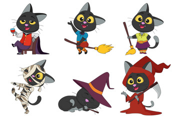 Happy Halloween. Set of cute cartoon cat in colorful halloween costumes:witches,dragula,mummy,devil.Cartoon icon set for halloween kid design. v