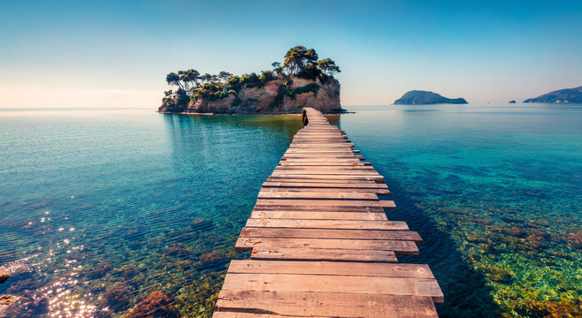 Bright spring view of the Cameo Island. Picturesque morning scene on the Port Sostis, Zakinthos island, Greece, Europe. Beauty of nature concept background.