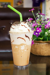 Ice mocha frappe with whip cream.