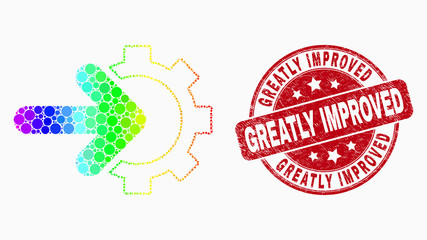 Pixelated spectrum cog arrow integration mosaic icon and Greatly Improved stamp. Red vector round grunge stamp with Greatly Improved message. Vector composition in flat style.