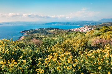 Obraz premium Aerial morning view of Pilos town. Colorful spring scene of the Ionian Sea. Beautiful countryside panorama of Greece. Traveling concept background. Artistic style post processed photo.