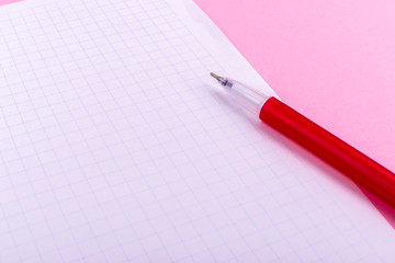 A white sheet of paper for drawings, texts, letters and notes, next to a red pen lies on a pink background