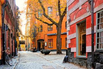 Colorful leafy corner of Gamla Stan, the Old Town of Stockholm, Sweden during autumn