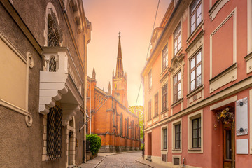 Riga, Latvia. Saint Peter’s Church at sunrise.